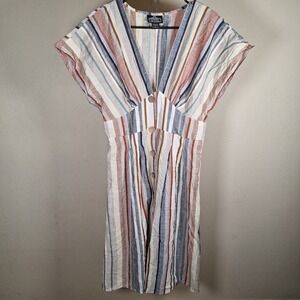 Angie Vintage 90s Cotton Striped Slub Coastal Boho Smocked Midi Dress Large